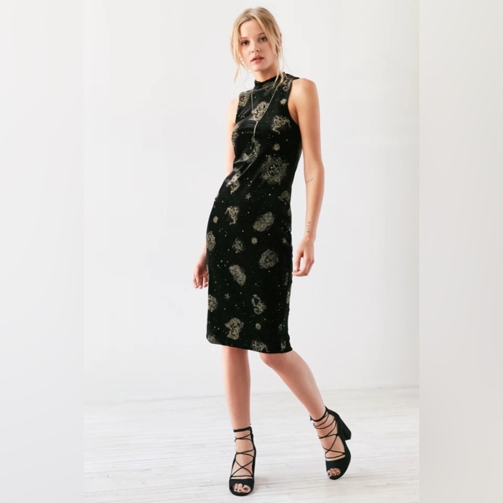 ecote black velvet midi dress with gold astrology detail